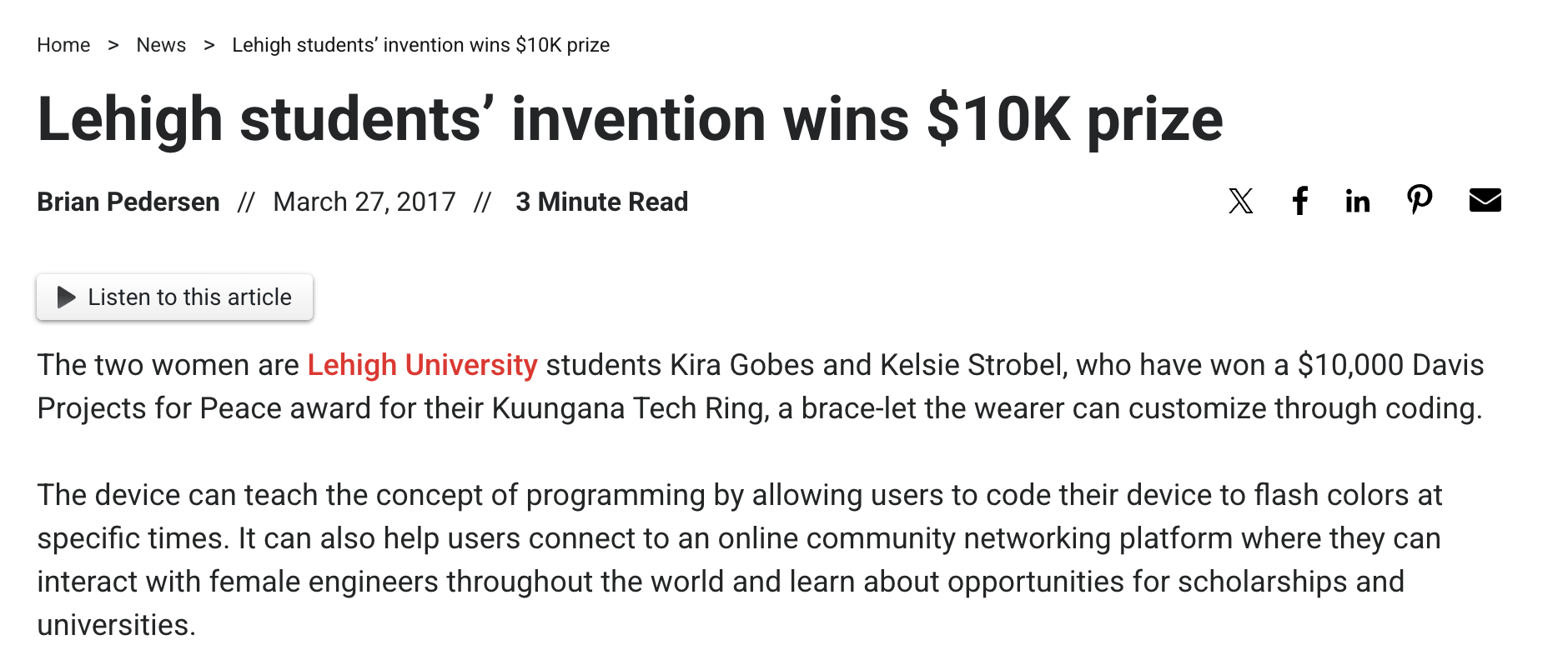 Screenshot: Lehigh students&rsquo; invention wins $10K prize article on Lehigh Valley Business