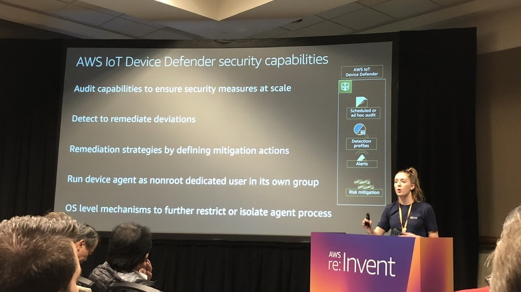 Screenshot: AWS re:Invent session IOT325-R2, Managing security of large IoT fleets with AWS IoT cloud services